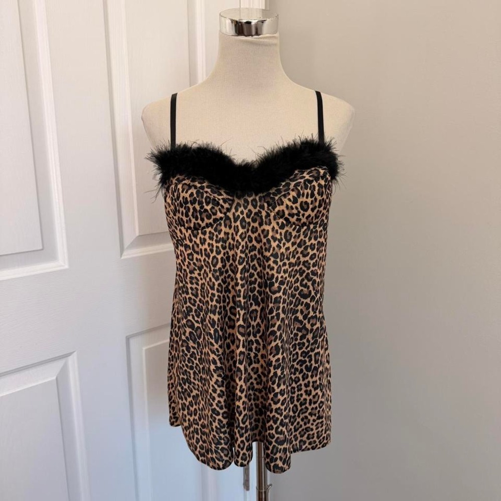Leopard Print Feather Trim Cami Tank Top - Black/Brown